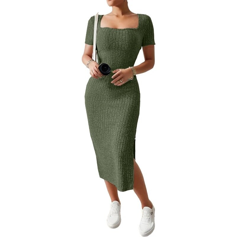 Summer Square Neck, Hip-Hugging Mid-Length Skirt, Short-Sleeved, Versatile Knitt