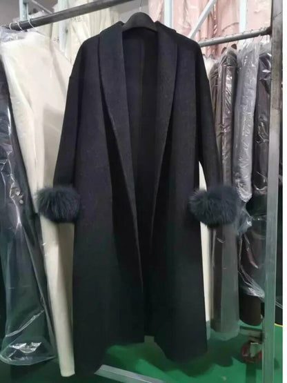 [EWQ] Wool Fox Fur Sleeve Women Coat Elegant Clothing Autumn 2025 Winter Double-sided Jacket Big Size Wine Red Overcoats 16O2751