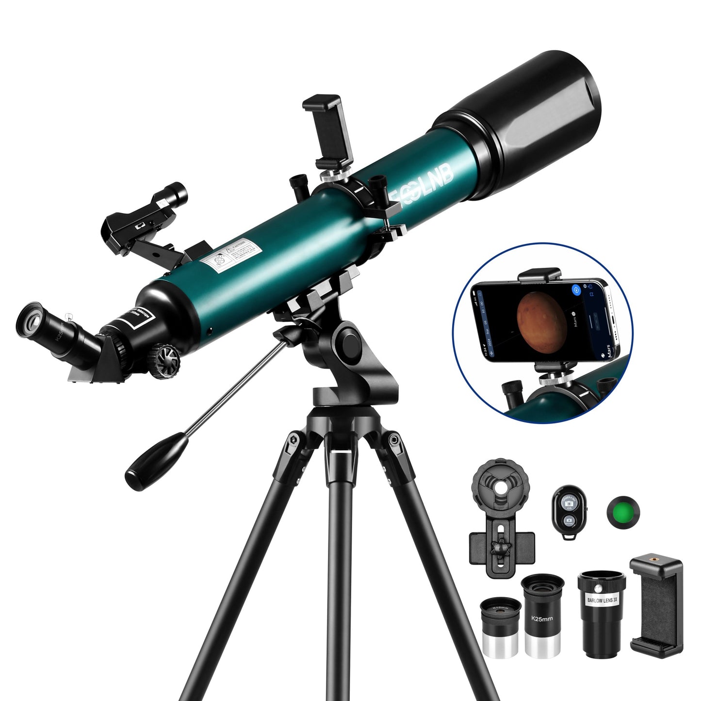 Telescópio Astronômico 70080 Lente 80mm Observação da Lua 210X com Suporte para Celular Aplicativo de Observação de Estrelas para Adultos e Crianças de Presente