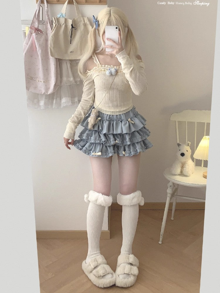 Y2K Sweet Ruffles Mini Skirt Women Kawaii Lolita Bow A Line Skirts Harajuku Japanese Cute High Waist Pink Blue Cake Skirt