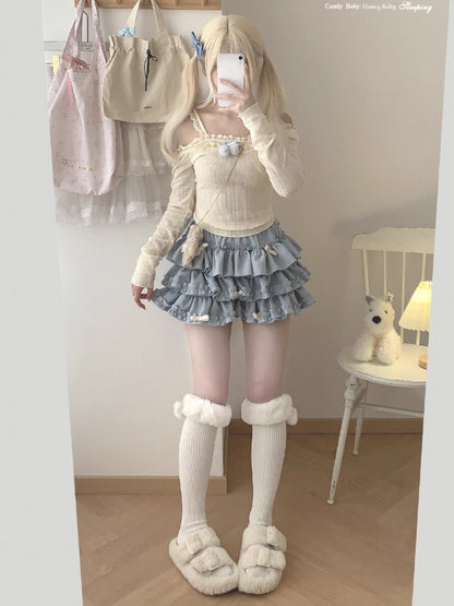 Y2K Sweet Ruffles Mini Skirt Women Kawaii Lolita Bow A Line Skirts Harajuku Japanese Cute High Waist Pink Blue Cake Skirt