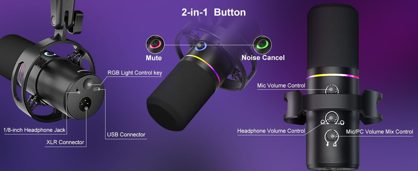 Kit de Microfone Dinâmico XLR/USB, Microfone de PC para Transmissão, Podcast, Jogos, RGB, Função de Silenciar e Cancelamento de Ruído, Volume