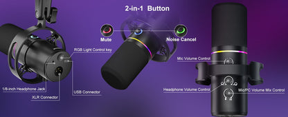 Kit de Microfone Dinâmico XLR/USB, Microfone de PC para Transmissão, Podcast, Jogos, RGB, Função de Silenciar e Cancelamento de Ruído, Volume
