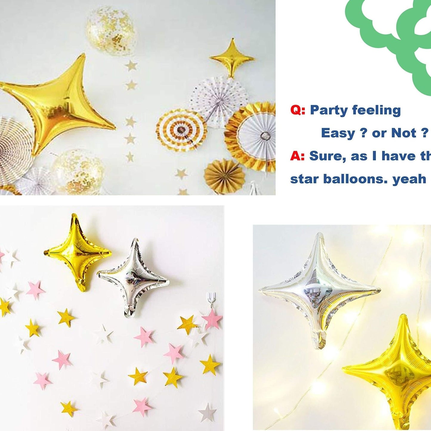 20-Pack of Silver Four-Pointed Star Balloons, Party Foil Balloons, 4 Silver Four-Pointed Star Balloons and 16 Silver 10inch Four-Pointed Star Balloons, Suitable for Birthday Parties, Theme Party Decorations