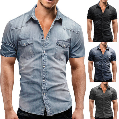 New 2025 Men's Denim Shirt Fashion Short Sleeve Soft Solid Slim Cowboy Tops Men Trend Streetwear Vintage Casual Cardigan T-shirt