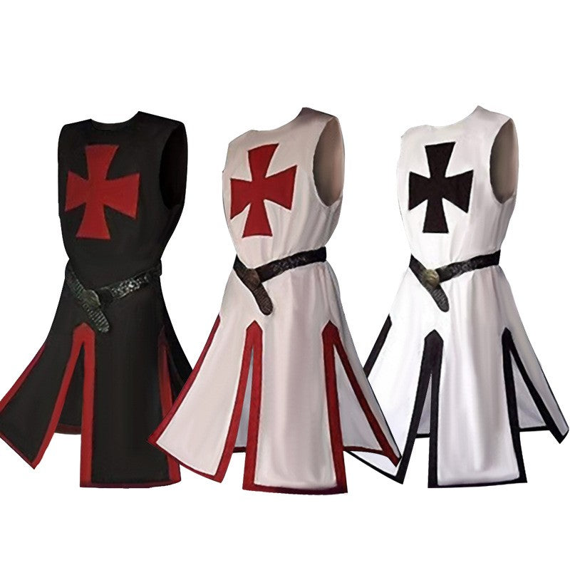 Mens Medieval Crusader Knights Templar Tunic Costumes Renaissance Halloween Surcoat Warrior Black Plague Cloak Cosplay Top