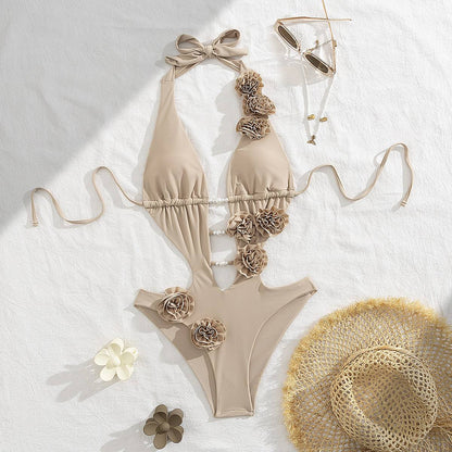 2025 New 3D Flowers One Piece Swimsuit Women Solid Sexy Hollow Out Swimwear Tropical Summer Beachwear Bathing Suit Bodysuit