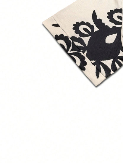 Plus size, women's fashionable short-sleeved V-neck dress, retro ethnic style fashion women's dress - elastic