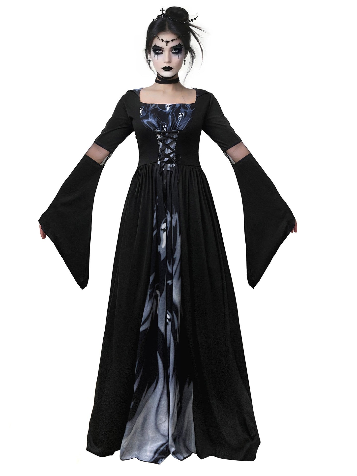Halloween Witch Dress Gothic Vintage Dark-Style Hooded Vampire Dresses Bell Sleeves Full Skirt Waist Cinched Festival Party Gown