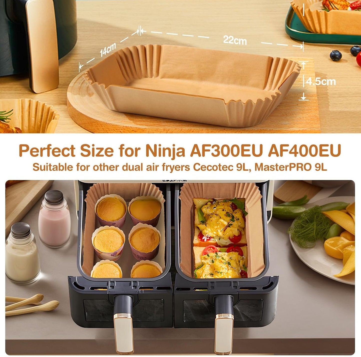 Papel para Fritadeira de Ar de Zona Dupla, 100un 22x14 cm, Papel Antiaderente Descartável para Fritadeira de Ar Cecotec/Masterpro/Ninja AF300EU/AF400EU