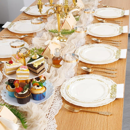 210Pcs Ivory Plastic Plates Disposable Plates Heavy Duty Gold Plastic Dinnerware Set for Party Wedding Event Includes 30 Dinner