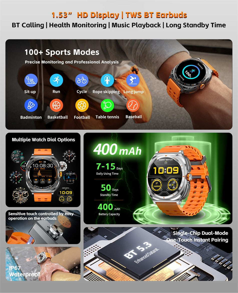 Chamada Bluetooth IP68 à Prova D'Água 2025 Novo Smartwatch 2 em 1 Atualizado com Fones de Ouvido Bluetooth TWS Para Homens e Mulheres Smartwatch Esportivo