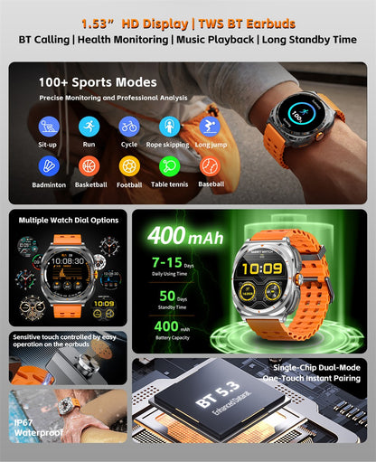 Chamada Bluetooth IP68 à Prova D'Água 2025 Novo Smartwatch 2 em 1 Atualizado com Fones de Ouvido Bluetooth TWS Para Homens e Mulheres Smartwatch Esportivo