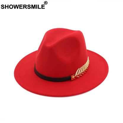 SHOWERSMILE Burgundy Women Fedora Hat Winter Female Wool Felt Hat Leaf Large Brim British Style Retro Jazz Cap Accessories