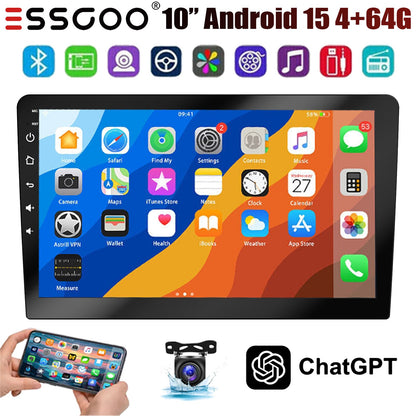 Rádio Estéreo Automotivo de 7/9/10 Polegadas Duplo 2 Din 4+64G Android 15 ChatGpt AI WIFI GPS Navegação FM/RDS Bluetooth SWC Unidade Principal+DVR&AHD
