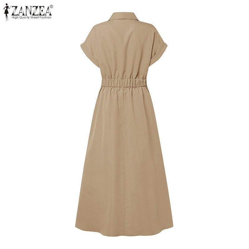 ZANZEA Women Fashion Summer Shirt Dress 2025 Elegant High Waist Short Sleeve Mid