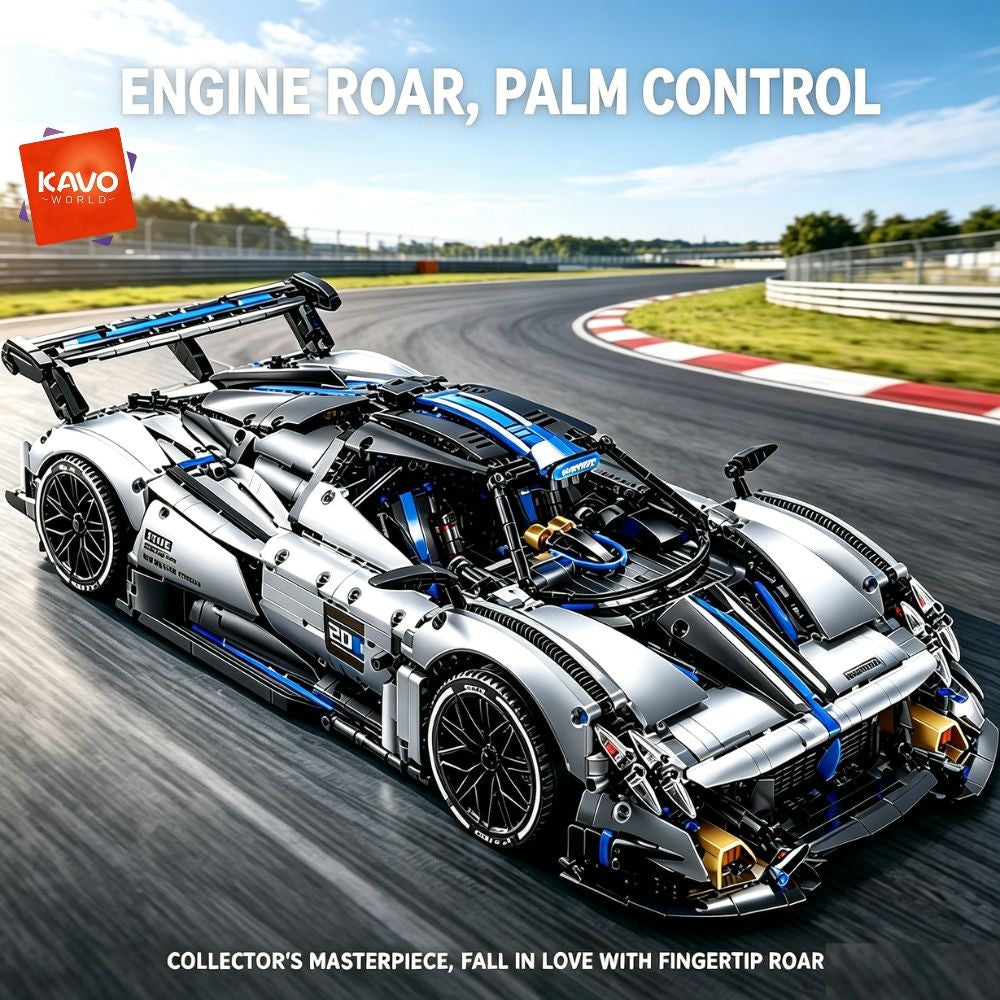 KAVOWORLD 1:8 Scale Silver-Blue Technical Super Racing Sports Car Building Blocks Set 3526pcs DIY STEM Assembly Premium ABS Racing Car Building Bricks Toy Model with Rear Linkage Engine & Track Wing, Ideal Birthday Christmas Gift for Teens Adults