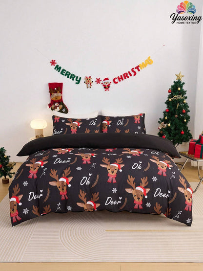 2/3pcs Pink Christmas Snowflake Gift Gingerbread Man Pattern Reversible Color Duvet Cover Bedding Set, Soft Breatheable