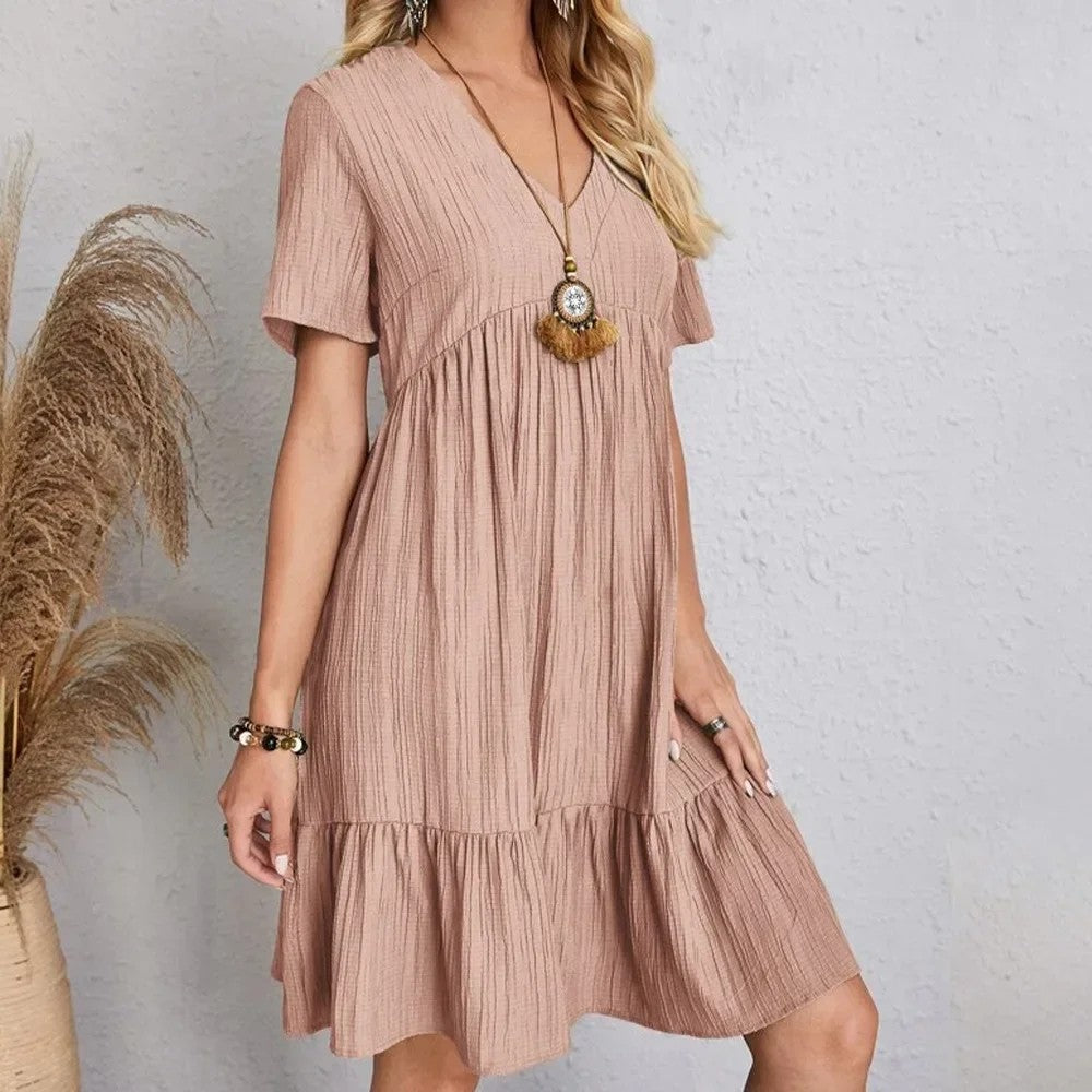 Women Summer Peplum Dresses Spring V-Neck Short Sleeve Loose Waist Ruffle Fit Fl