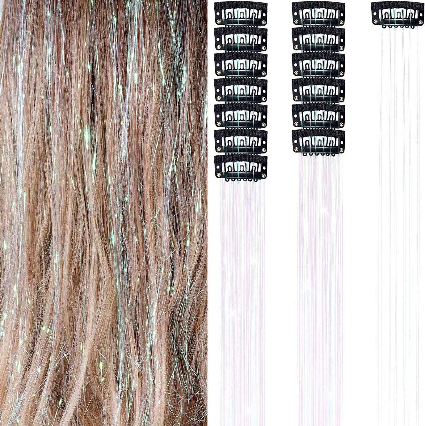 6 peças de extensões de cabelo brilhantes de 50 cm, extensões de cabelo sintéticas, presilhas de cabelo para trançar, chapéus femininos