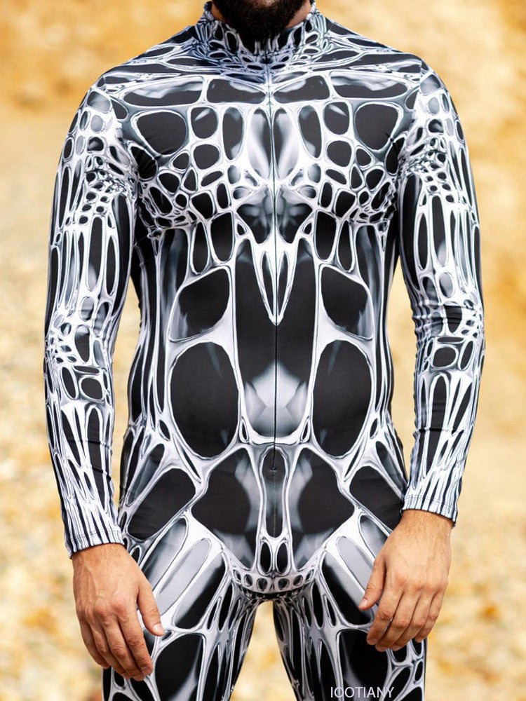 Unisex Sexy Black White Graphic Print Jumpsuit Halloween Line Art Muscle Cosplay Bodysuit Holiday Party Zentai Suit Rave Catsuit
