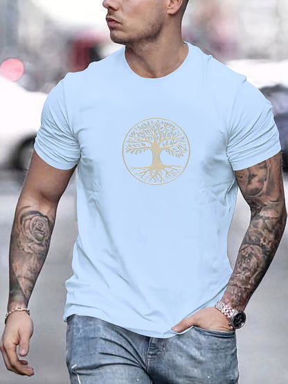 Men's summer 100% pure cotton fashionable casual sports wide pine pattern printed sports round neck short sleeved T-shirt top