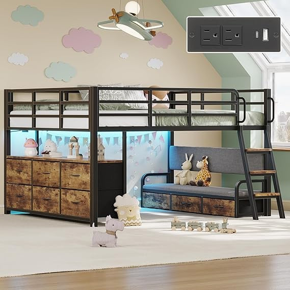 Low Loft Bed Full Size, Full Size Loft Bed for Kids with 9 Storage Drawers & 15.8 H Safety Guardrail & Inclined Ladder & Safety