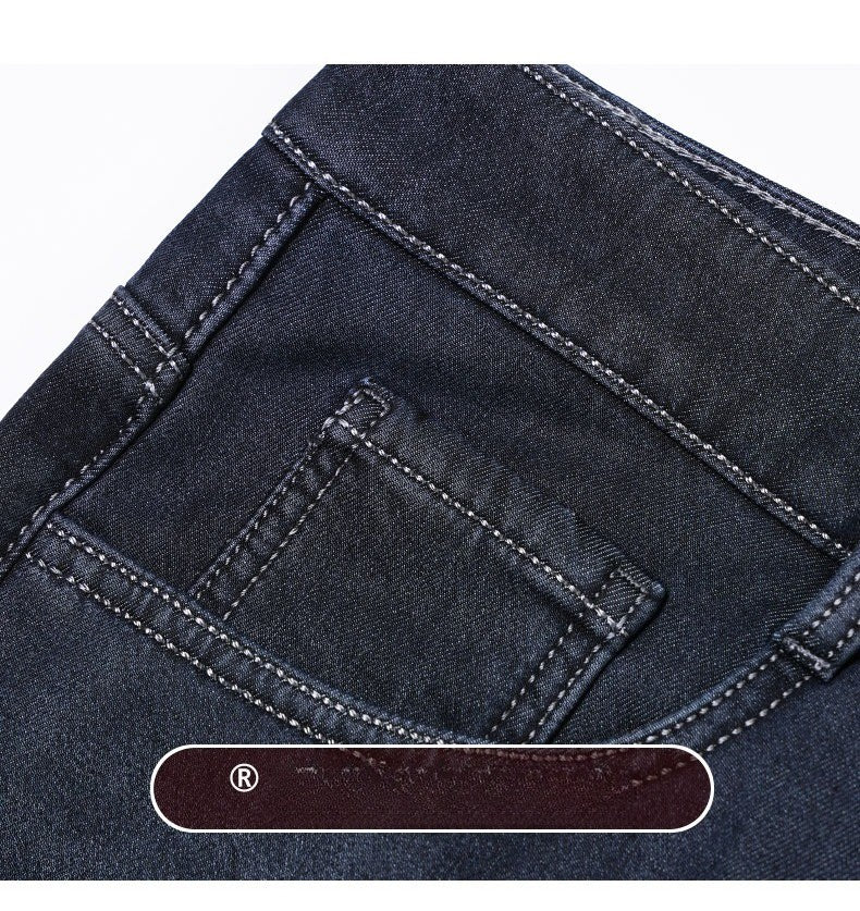 Men's Fleece Straight Leg Jeans Winter Thick Warm Business Casual Velvet Pants Elastic Loose Trousers Outdoorwear