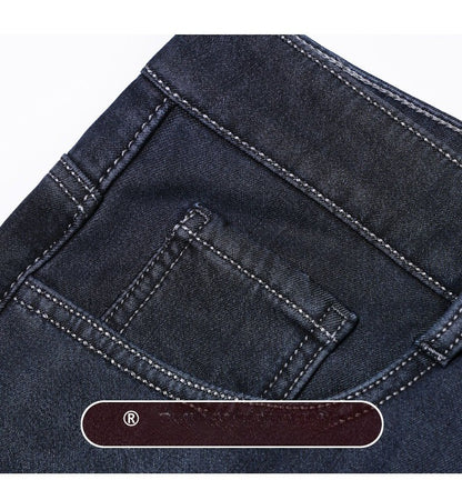 Men's Fleece Straight Leg Jeans Winter Thick Warm Business Casual Velvet Pants Elastic Loose Trousers Outdoorwear