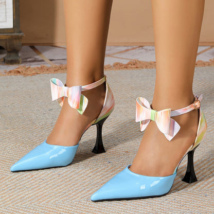 9CM High Heels Dress Shoes Summer Bowknot  Ankle Strap Blue Pointed Toe Women Sandals Ladies 2025 Elegant Outdoors Walking Shoes