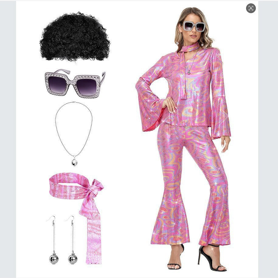 Ladies' Halloween disco party 70s disco costume set, including top, pants, sunglasses, necklace, earrings, and wig, role-playing