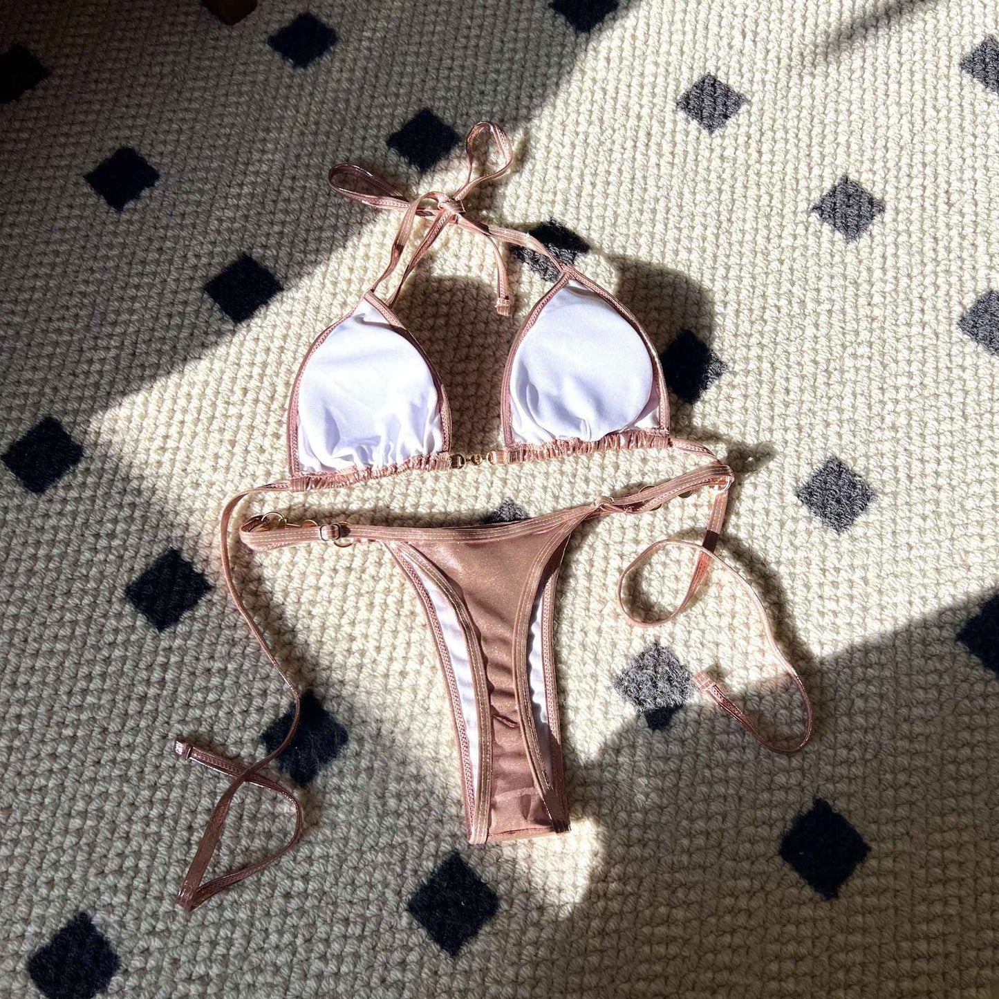 Shiny Pink Micro Bikini 2025 Mujer Women Sexy PU Pearls Push Up Thong Swimsuit Summer Bathing Suit Bandage Holiday Swimwear