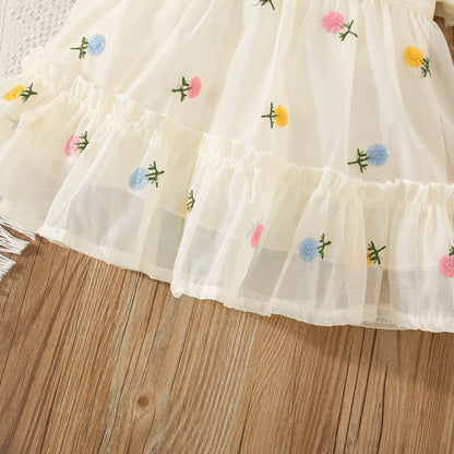 Summer Flower Embroidered Chiffon Dress for Baby Girl Birthday Dress High Quality Kids Clothes Send Big Bow