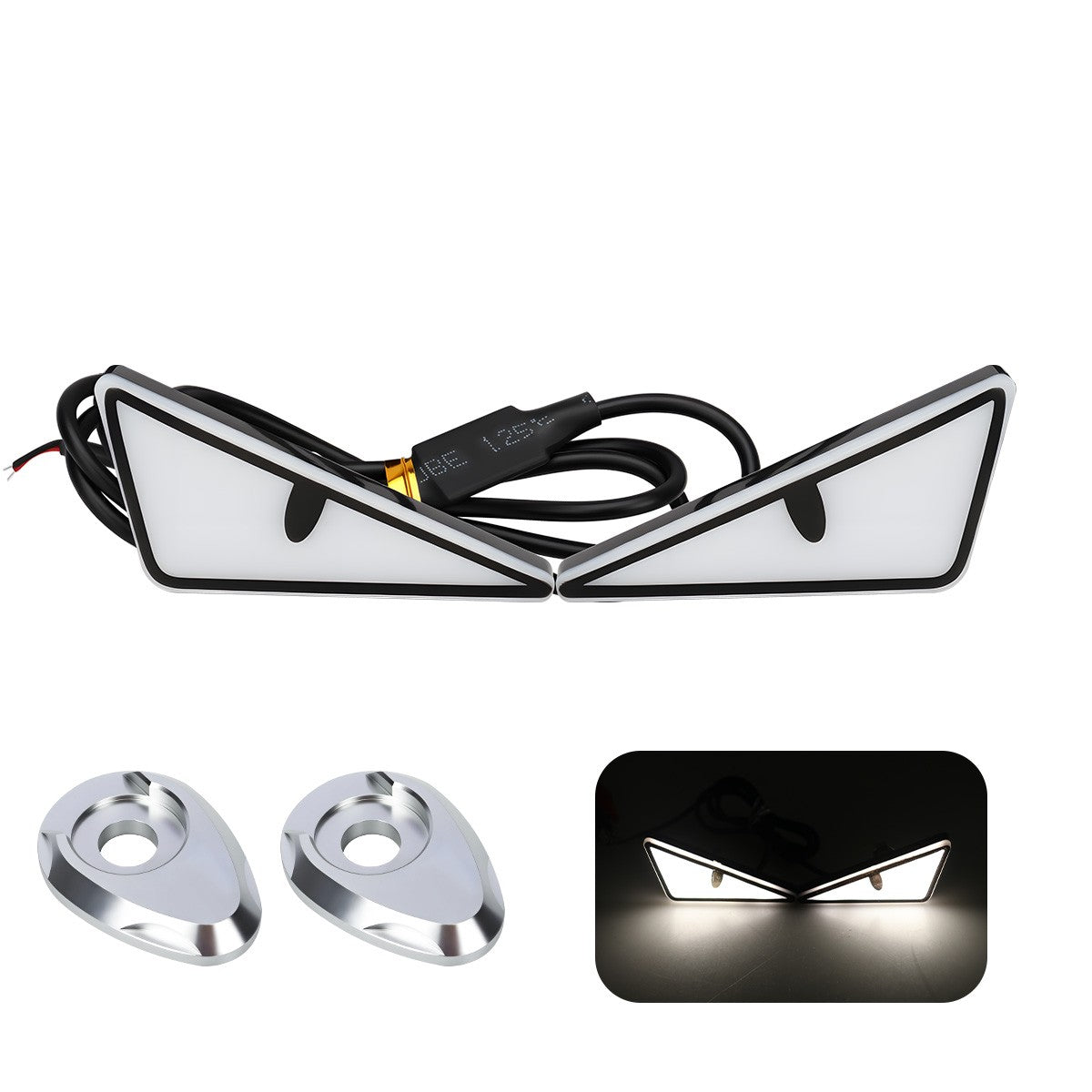 1Par de Faróis de Moto LED Triangulares Devil Eye com Espaçador Adaptador Mini Lâmpada Olho de Águia Luz Traseira Decorativa