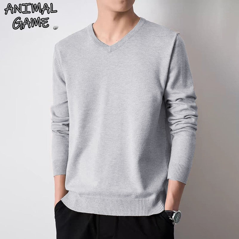 Animal Game Autumn Men's V Neck Pullover Sweaters Solid Color Casual Sweater Long Sleeve Men's Basic Underwear Trend Outerwear