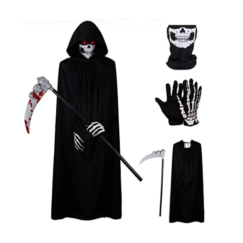 2026 Halloween Reaper Costume Set, including Death Gloves, Masks, Sickles, Role-Playing Costumes, and Adult Reaper Cloaks