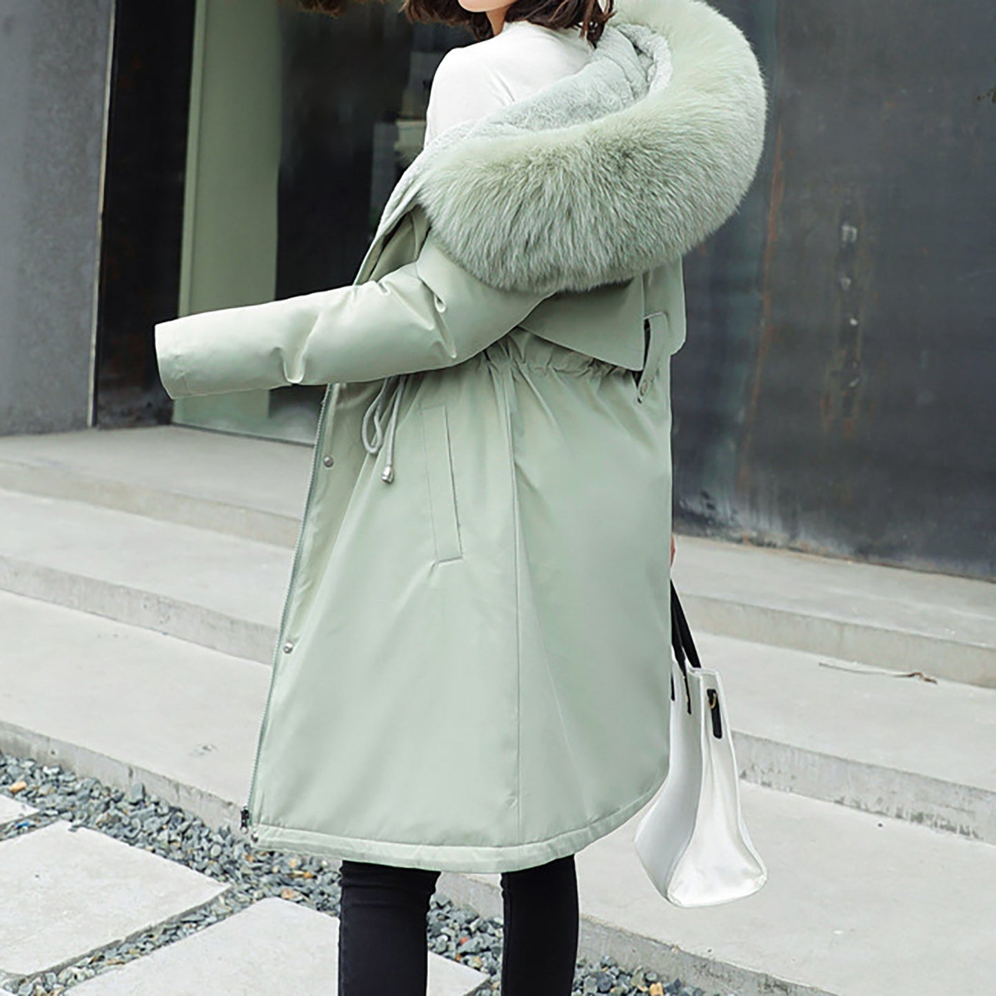 Ladies' Casual Warm And Versatile Large Fur Collar Solid Color Thick Cotton Coat Jacket For Outdoor Daily Wear