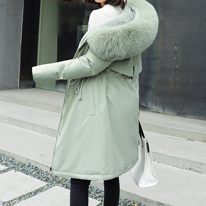 Ladies' Casual Warm And Versatile Large Fur Collar Solid Color Thick Cotton Coat Jacket For Outdoor Daily Wear
