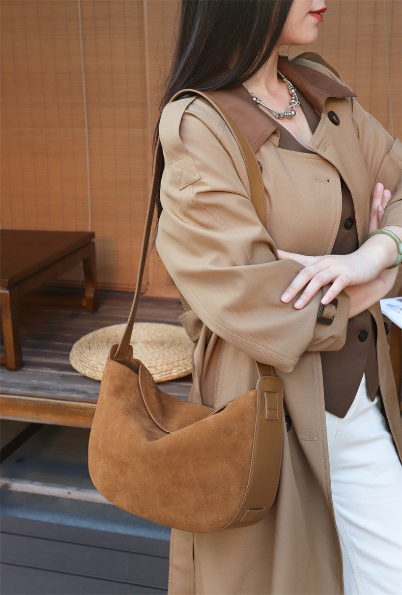 Burminsa Suede Genuine Leather Hobo Shoulder Bags For Women 2025 Luxury Designer Crescent Crossbody Purses Work Ladies Handbags