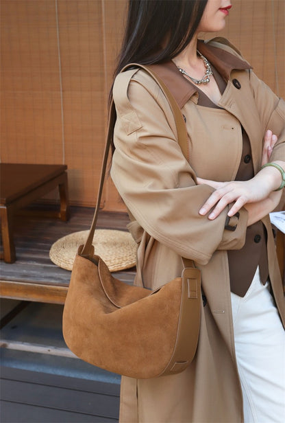 Burminsa Suede Genuine Leather Hobo Shoulder Bags For Women 2025 Luxury Designer Crescent Crossbody Purses Work Ladies Handbags