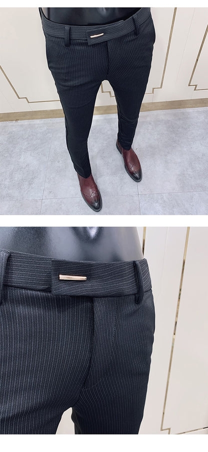 Calça Social Listrada Masculina Slim Fit com Tornozelo Justo Calça Social Masculina para Escritório e Festa Calça Social Masculina para Negócios Slim Fit