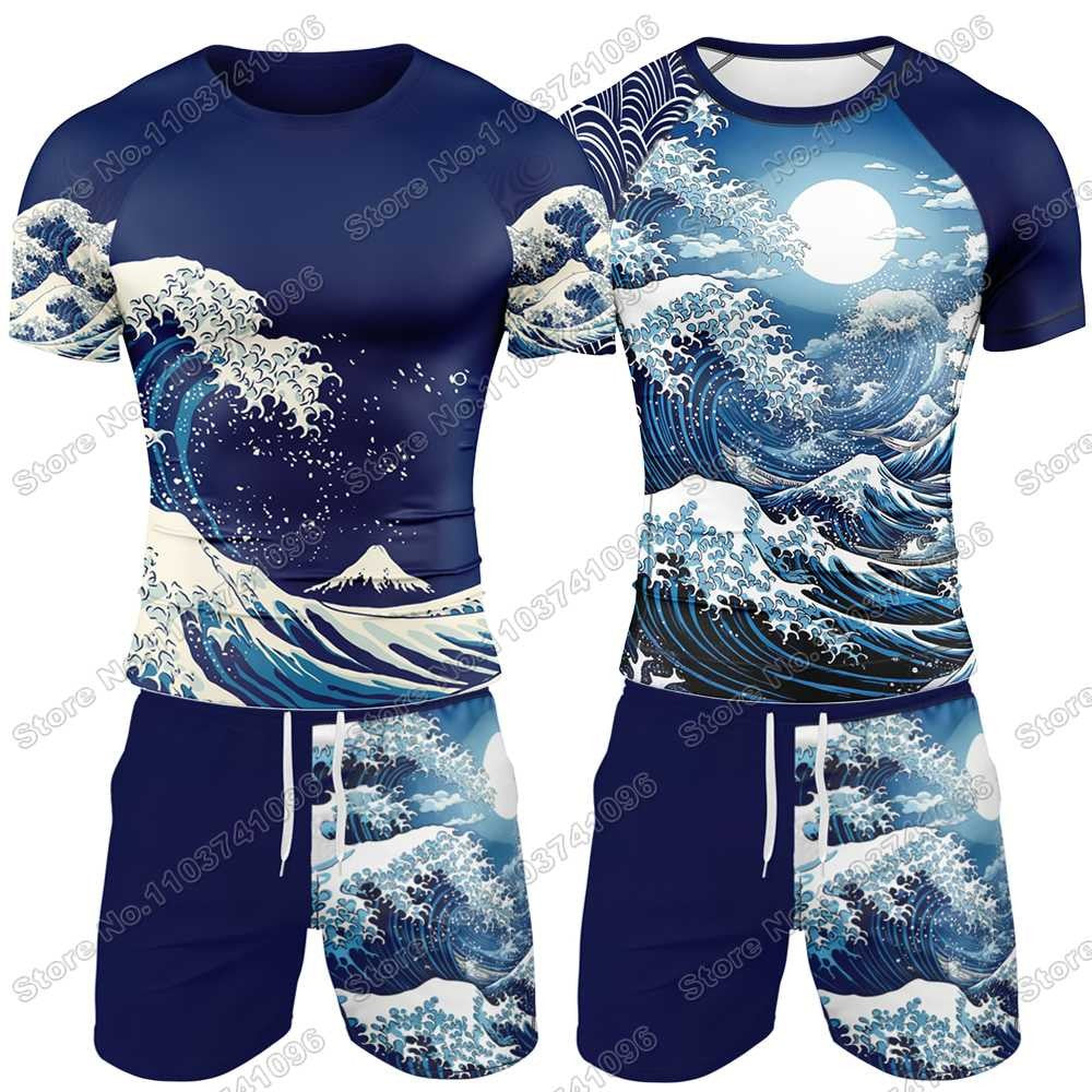 2025 The Great Wave Rash Guard Jiu Jitsu BJJ MMA T-shirt Compression Shirt Short Sleeve Surfing Jersey GYM Fitness Jersey Beach