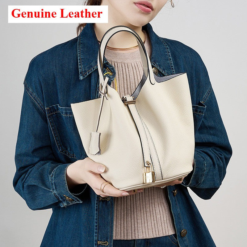 Genuine Leather Shoulder Bucket Bag Women Litchi Pattern Mini Basket Tote Soft Handbag Mommy Bride Wedding Bags with Lock