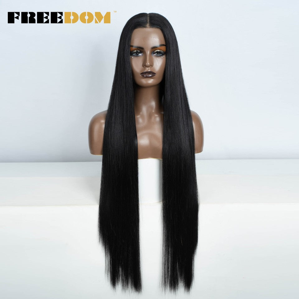 Peruca frontal de renda sintética FREEDOM para mulheres, 38 polegadas, longa, lisa, ombré, marrom, vermelho, gengibre, destaque, perucas frontais de renda, peruca de cosplay
