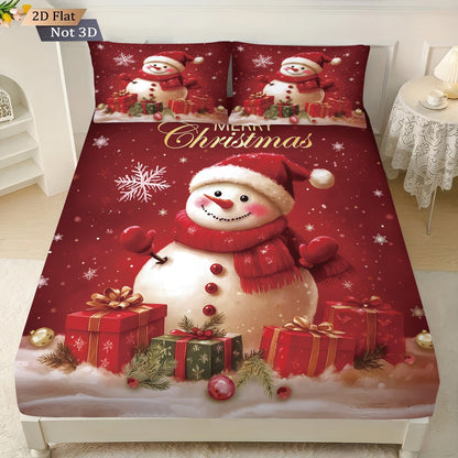 Jogo de Cama Estampado Boneco de Neve de Natal Vermelho de 3 Peças sem Chip, Vários Tamanhos, Capa de Cama Macia, Decoração para Quarto, Lavável à Máquina