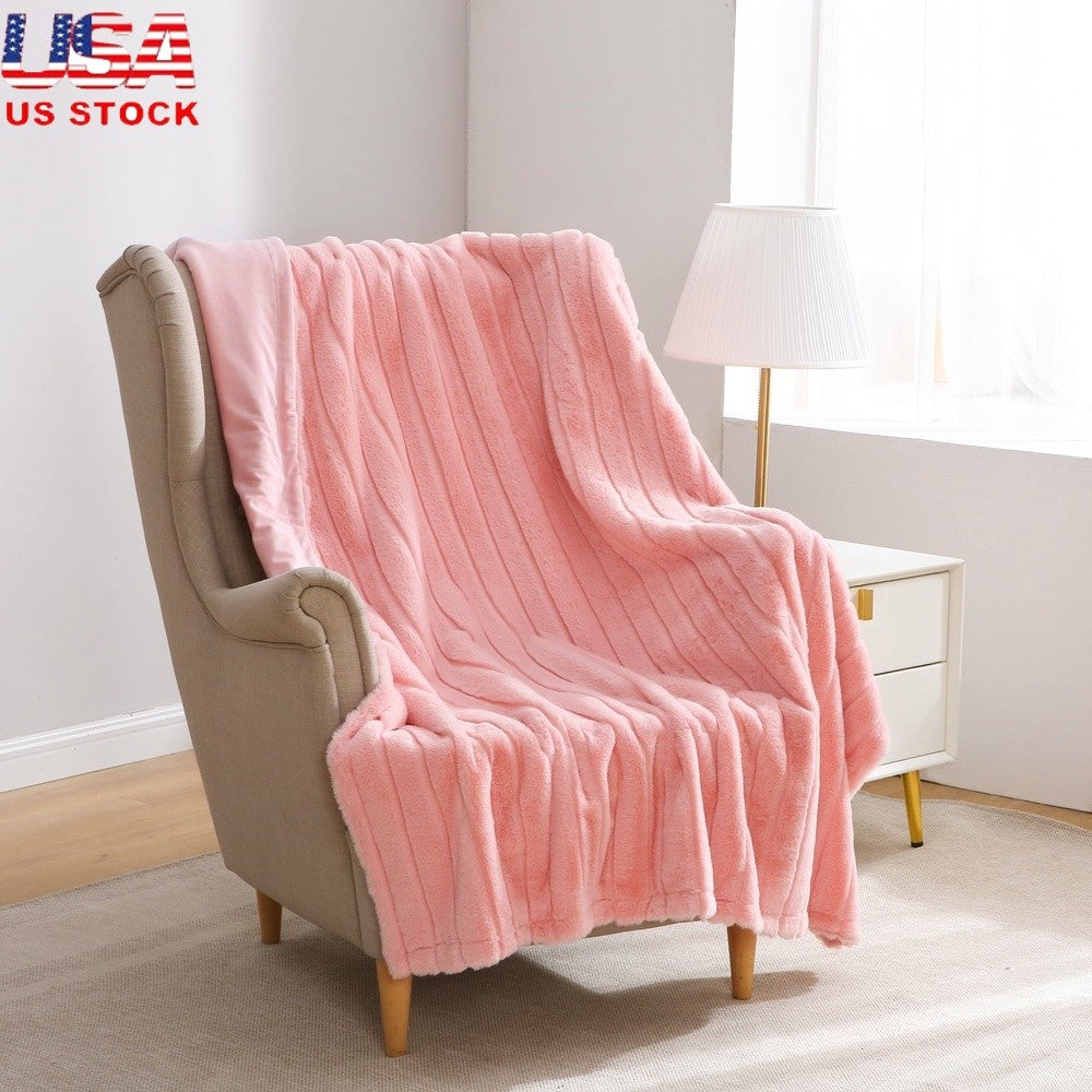 Luxurious Pink Stripe Faux Fur Throw Blanket 50x60 Super Soft Micro Mink Reversible Machine Washable Cozy Home Decor