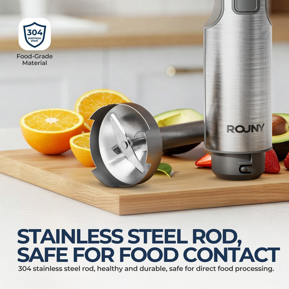 Liquidificador de Imersão Manual 4 em 1 ROUNY 1000W Potente, Mixer de Alimentos em Aço Inox, Copo Medidor de 700ml, Processador de 500ml, Batedor de Claras