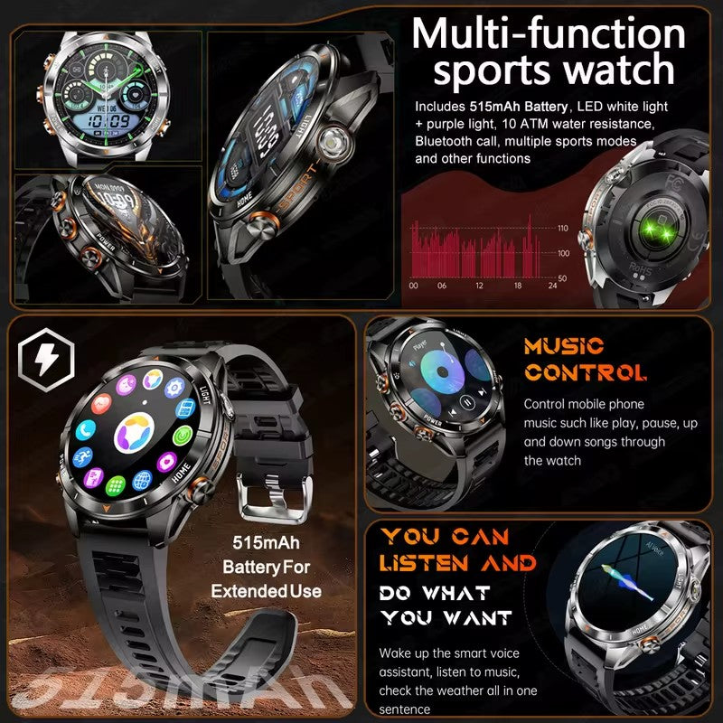 New Outdoor Sport Smart Watch Men 1.46" AMOLED Screen LED Flashlight 515mAh Battery 10ATM Waterproof Bluetooth Call Smartwatch