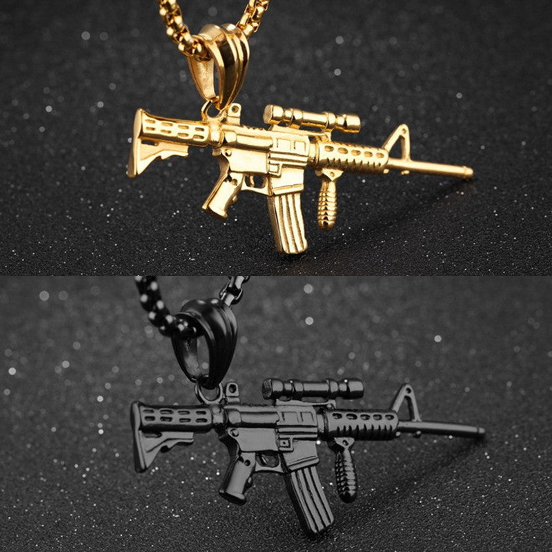 Colar Masculino Pingente Metralhadora Hip Hop Punk Cor Ouro Preto Aço Inoxidável Corrente Acessórios Retrô Joias Hippie Rapper