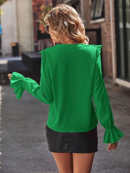 Spring Autumn Fashionable Shirts Solid Color Casual Loose Commuting Style Tops Long Sleeves Ruffled V-neck Bell Sleeves Clothes